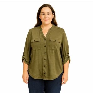 No Boundaries Army Green Roll Tab Sleeve Plus Size top Size 3X